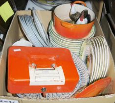 Small orange Le Creuset casserole dish, a cash tin, a Scots of Stow part breakfast service with