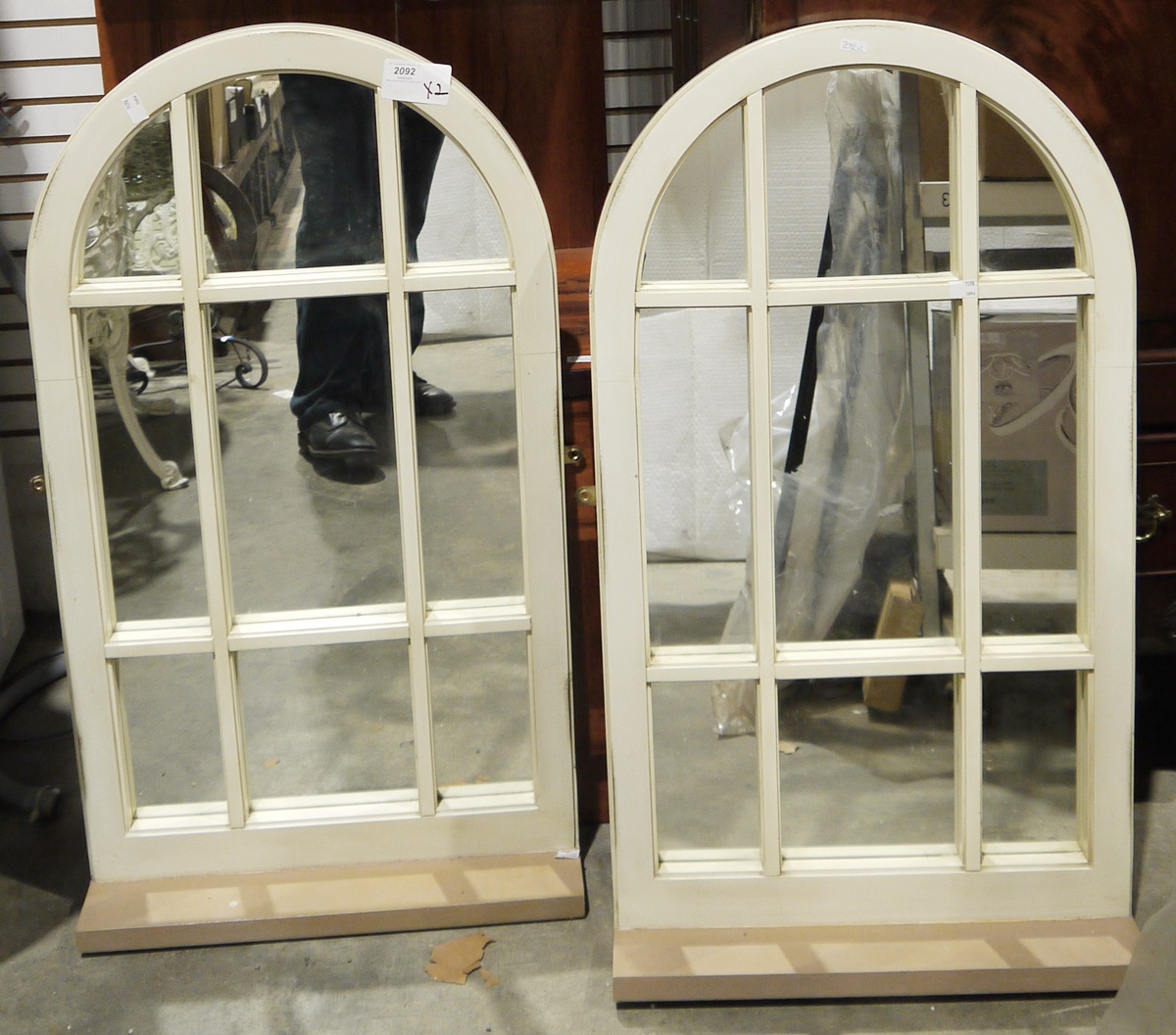 Pair of arched mirrors framed as windows with a hardwood sill, 92cm x 51cm