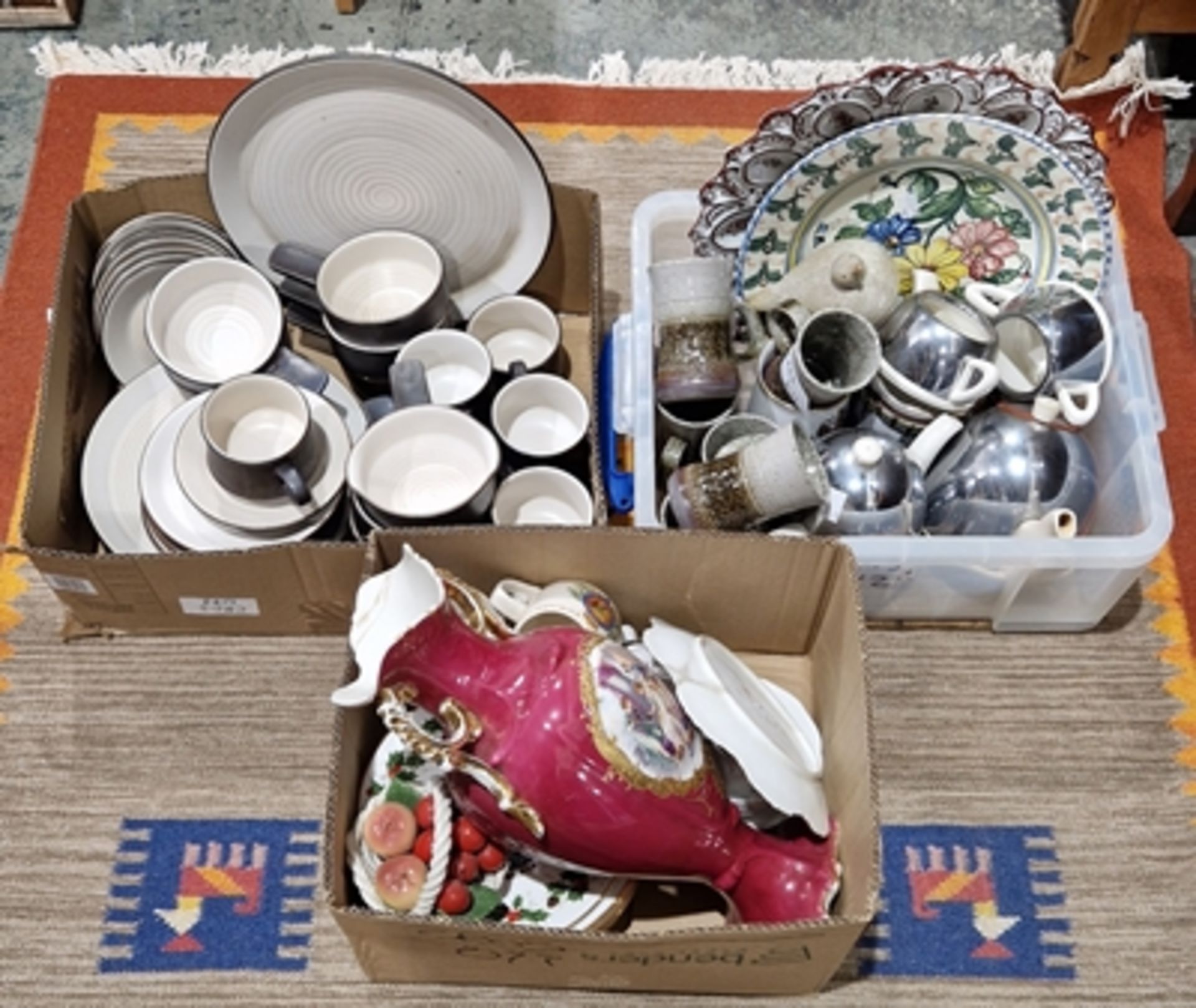 Bronzed glazed white interior pottery part tea and dinner service, studio pottery mugs, chrome