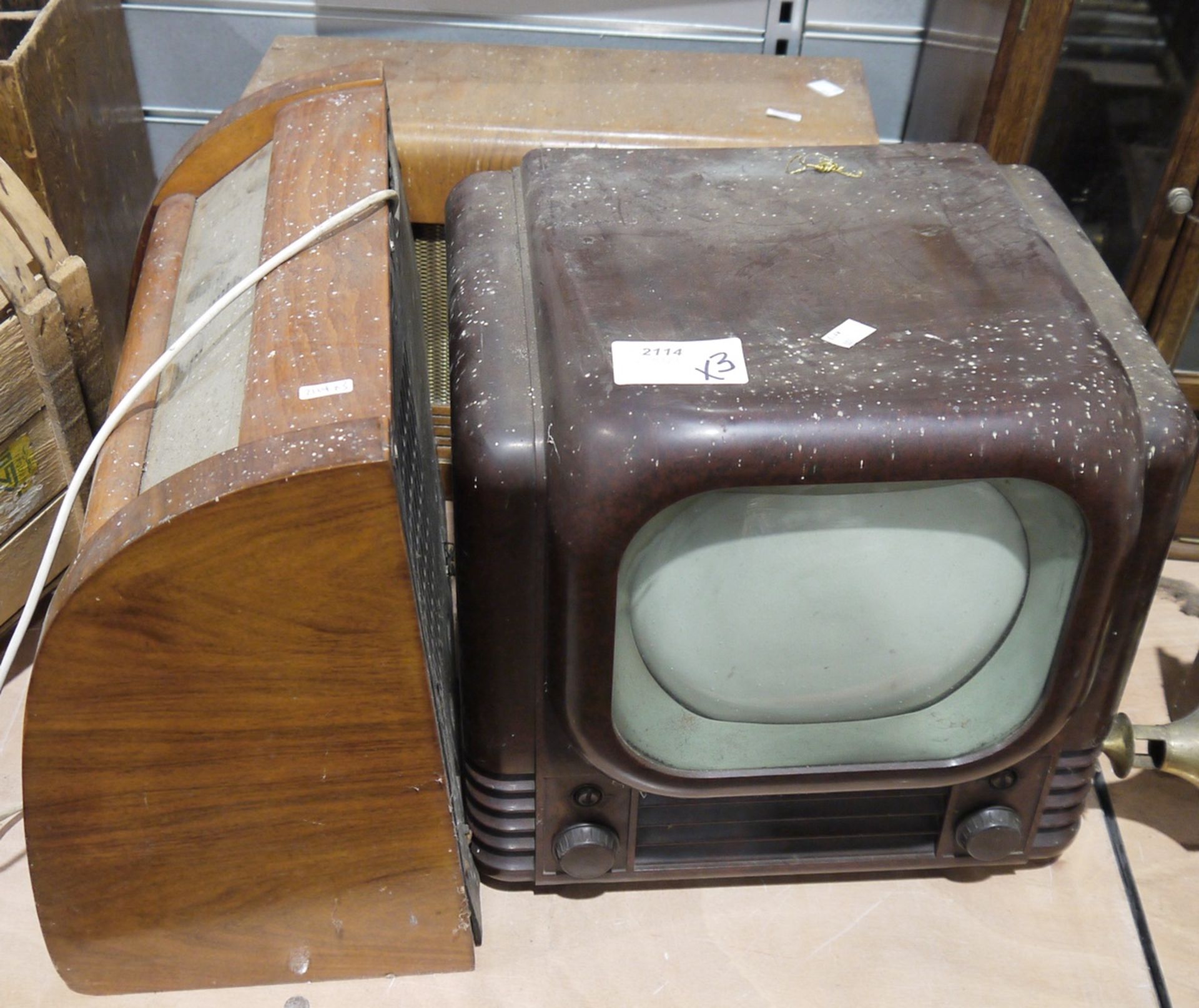 Bakelite vintage television labelled Bush, 37cm high x 39cm wide, a wood-cased vintage GEC radio and
