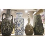 Large blue and white vase with foliate decoration, a ceramic two-handled jug bearing medieval-