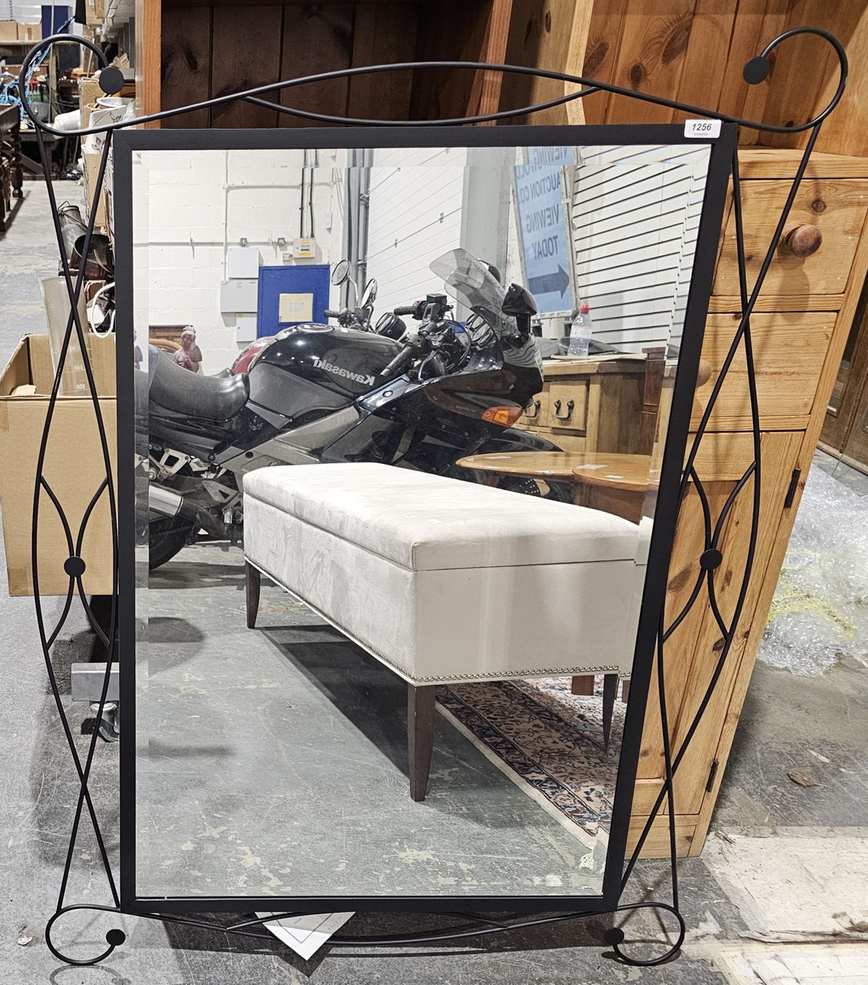 Modern black painted metal bevelled edge mirror, 113cm high x 84cm wide THIS ITEM WILL HAVE VAT