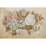 Early 20th century silk embroidery showing peonies, and garden flowers, on silk which has