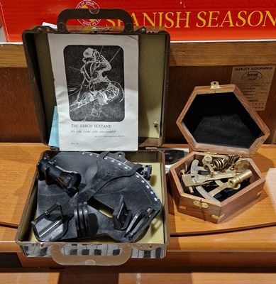 Ebbco Sextant with instructions and box and A reproduction Victorian style brass nautical sextant in