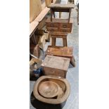 Two vintage stools, a wood and metal bound coal scuttle, a small wooden chest, a carved stand
