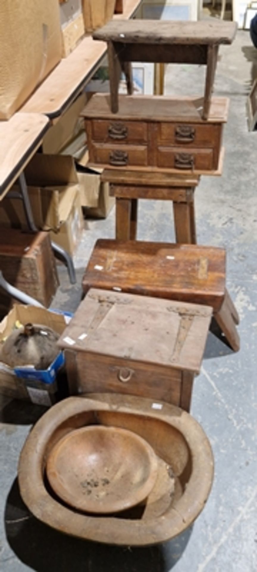 Two vintage stools, a wood and metal bound coal scuttle, a small wooden chest, a carved stand