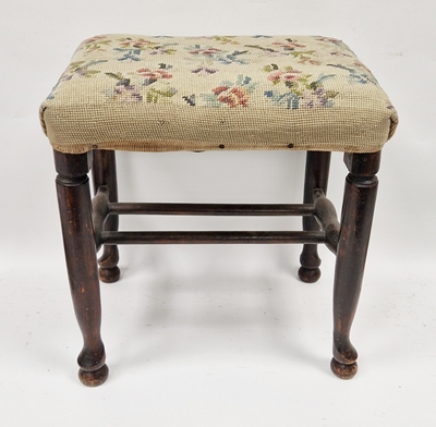 Georgian oak footstool with two stretchers, on turned legs with pad feet, 41cm high x 37cm wide x