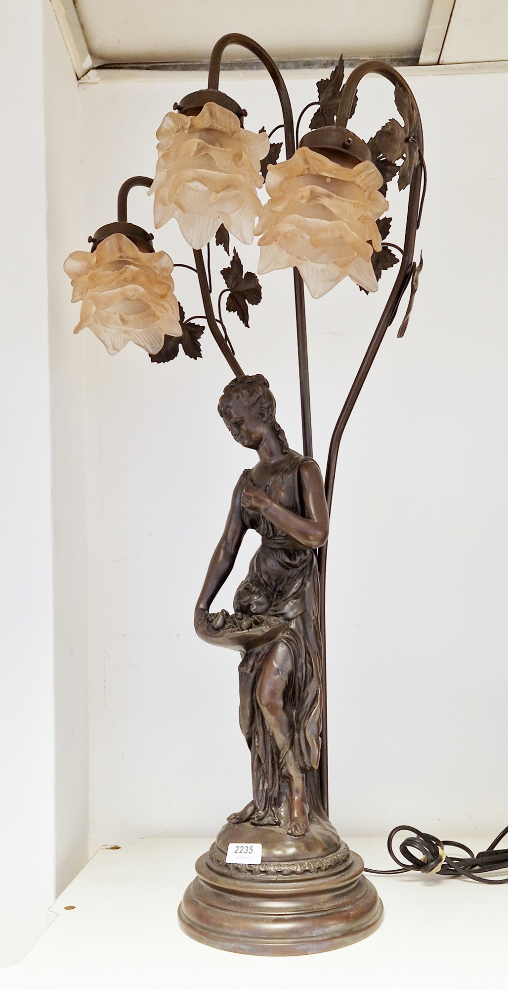 Large contemporary bronzed metal Art Nouveau-style figural three-light table lamp, cast as a