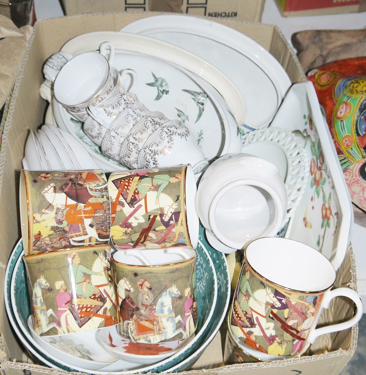 Royal Collection part tea service, various ceramic bowls, a tureen printed with birds, treen to