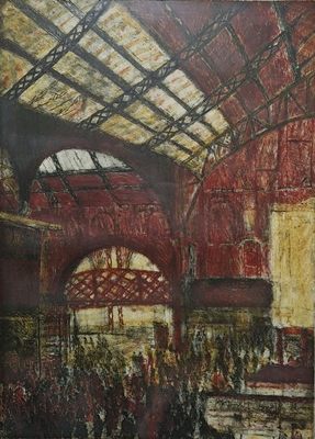 After Joy Girvin (b.1961) Etching and aquatint "Rush Hour at Liverpool Street Station", limited