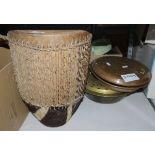 African tom tom drum, a copper chestnut roasting pan and a brass warming pan with turned wooden