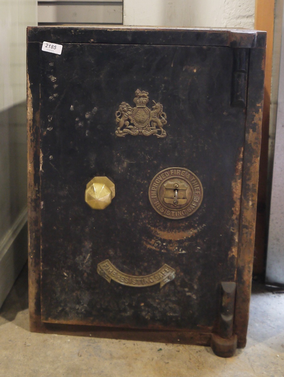 Victorian black painted safe bearing copper British Royal Coat of Arms, 50cm high x 40cm wide x 43cm