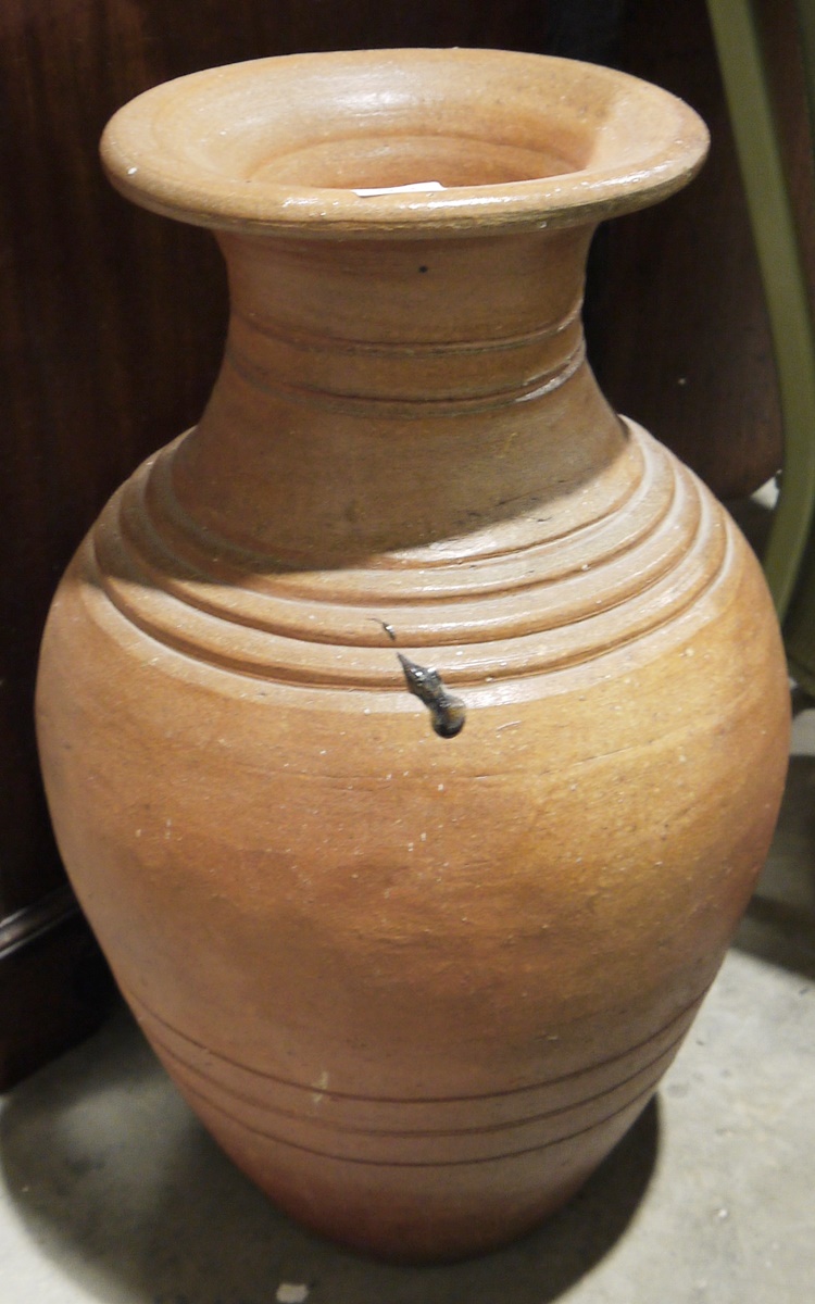 Large stoneware floorstanding pot, 64cm high (damage to rim)