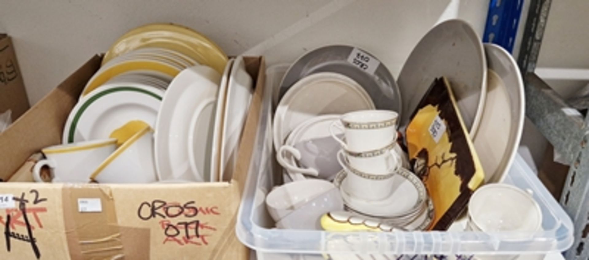 Quadrifoglio Italian ceramic part dinner service decorated with yellow rims, a studio pottery tray