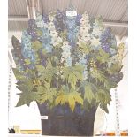 Wooden painted fireguard decorated with delphiniums