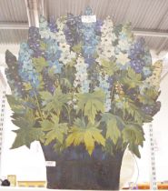 Wooden painted fireguard decorated with delphiniums