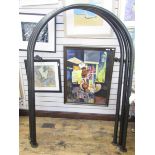 Three black painted metal arched rails, with wall fixings, 184 cm at highest point, 130 wide. wall