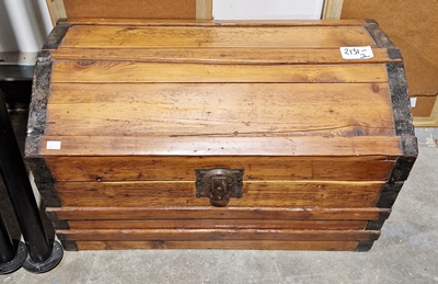 Wood and metal domed trunk, with metal carry handles, 77cm wide x 49cm high
