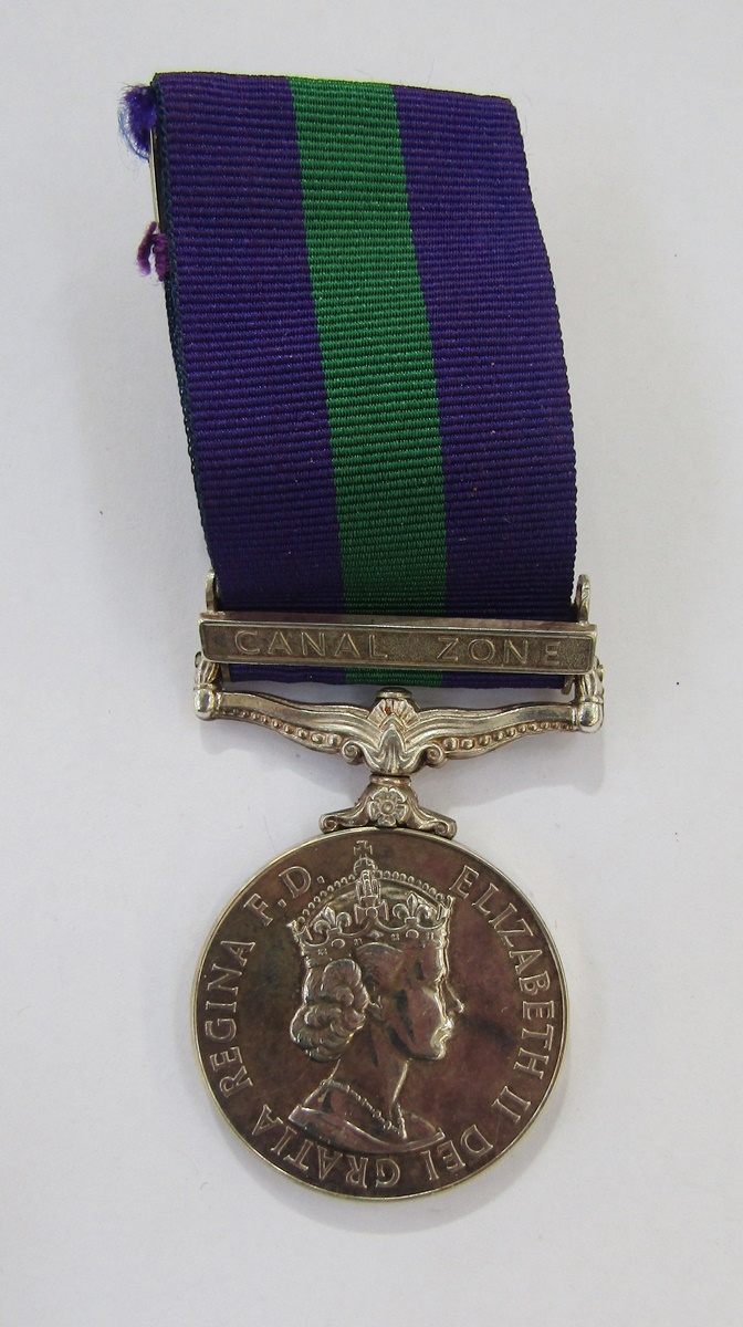 Elizabeth II General Service Medal with canal zone clasp named to "AC2.G.S.Gregory (2555987) RAF",