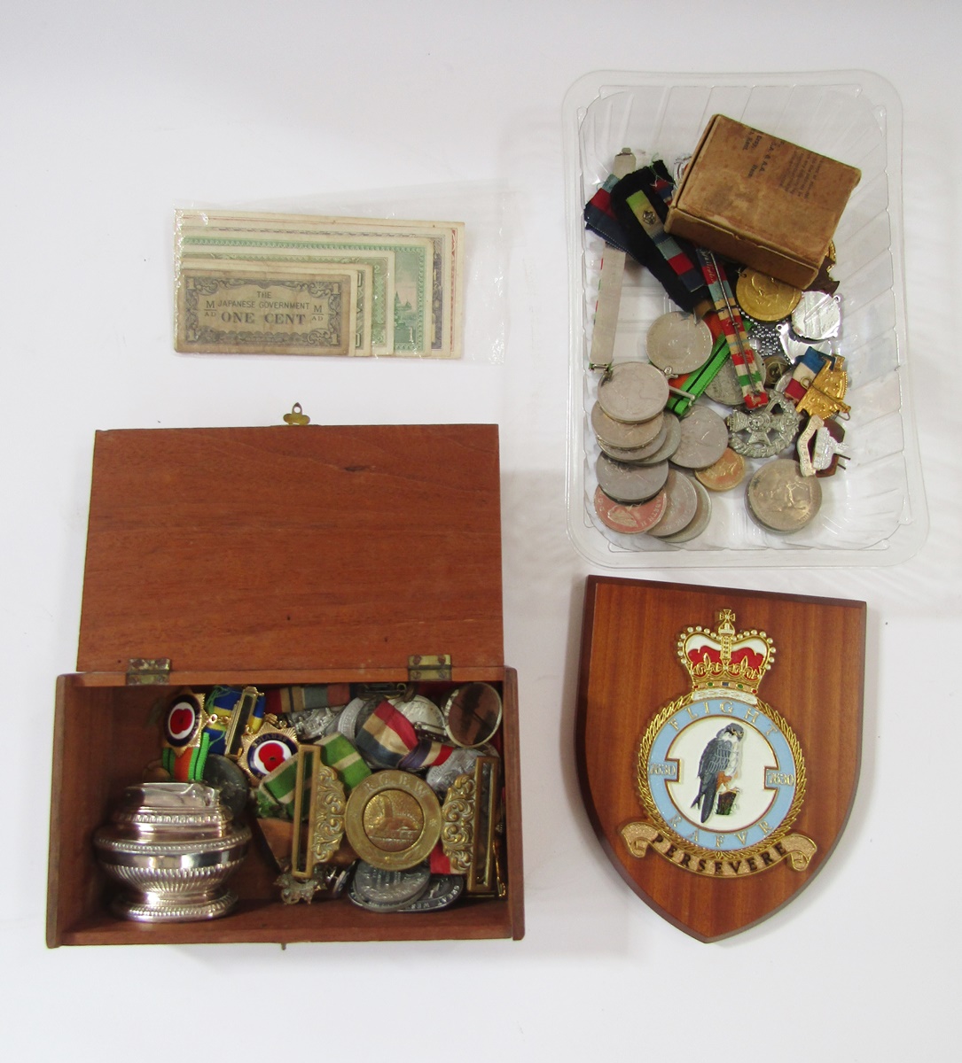 Collection of commemorative medals, WWII medals, brass RGBW buckle, badges and RAF plaque.