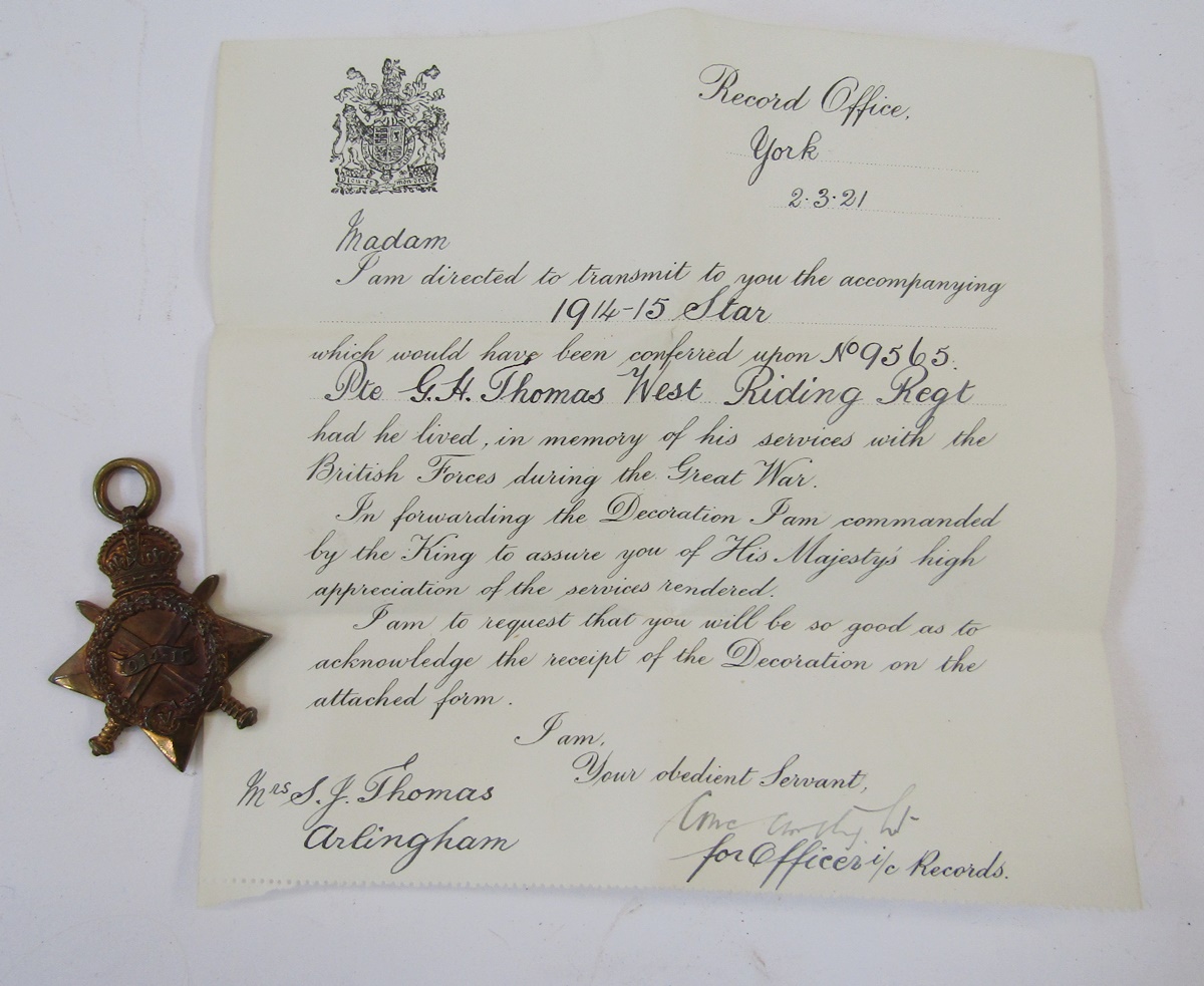 WWI 1914-15 Star, War Medal and Victory Medal awarded to '9565.PTE.G.H.THOMAS.W.RID.R.', George - Image 5 of 18