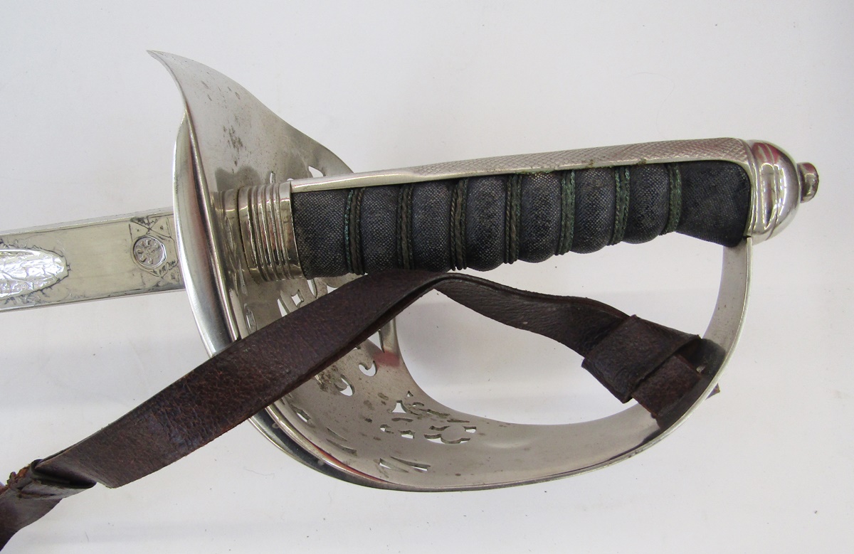 George V officer's dress sword with leather scabbard and cover, officer's Sam Brown leather belt - Image 3 of 12