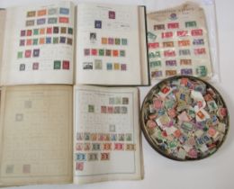 World stamps: Box of 6 large albums (4 sparsely filled), tin and sleeve of mint and used, mainly
