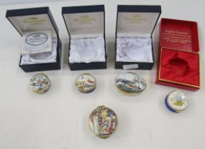 Five Crummles handpainted enamel boxes to include limited edition 1985 children in the snow, the Old