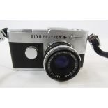 Olympus F Pen FT half frame camera, chrome, serial number 233199, with Olympus F.Zuiko auto s 1:1,