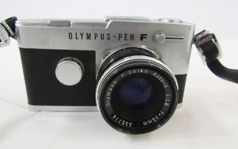 Olympus F Pen FT half frame camera, chrome, serial number 233199, with Olympus F.Zuiko auto s 1:1,