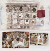 Large box of mainly British coins of various denominations and grades, a sheet of Roman/Greek and