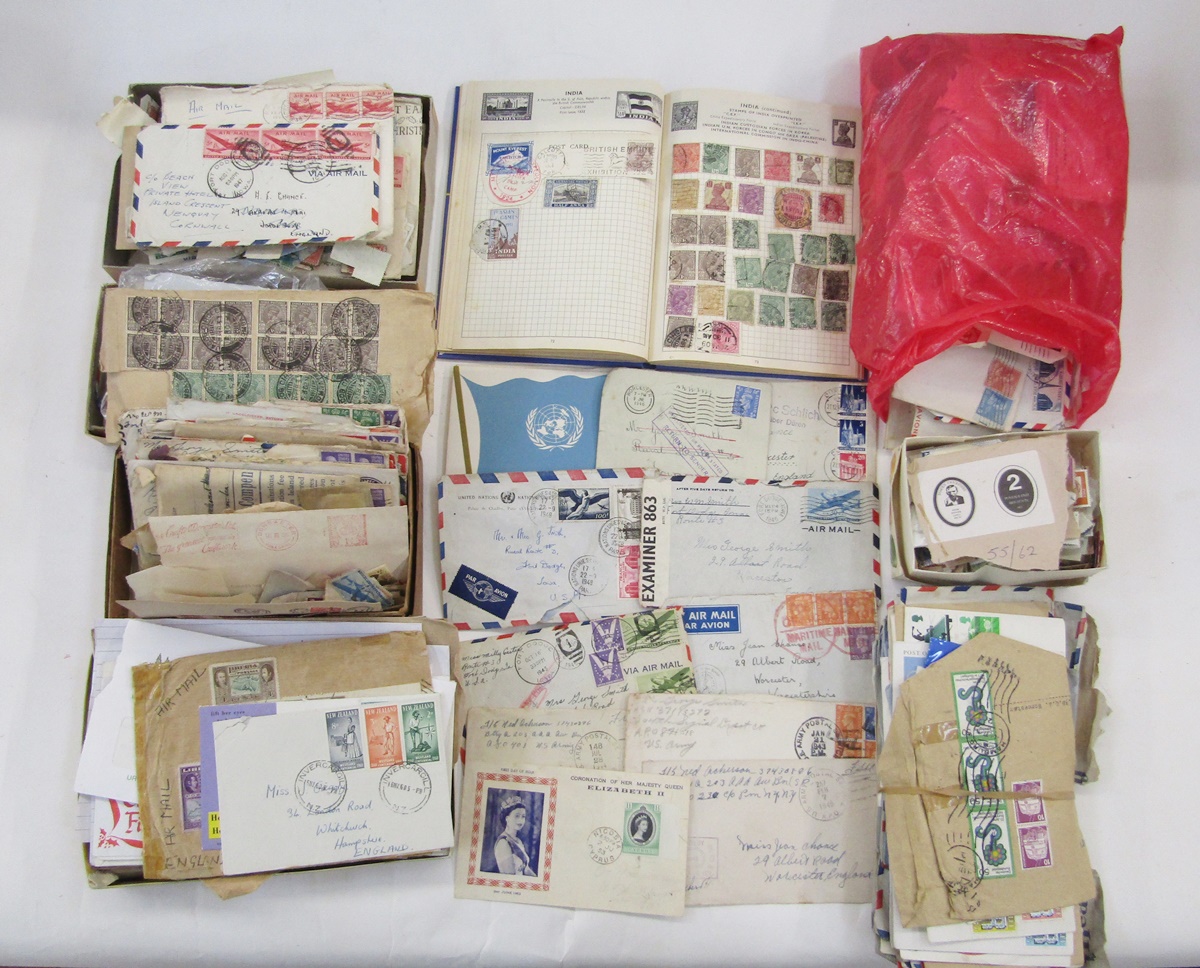 All world stamps: Boxed collection of small album, various cartons, bundle and bag filled with