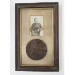 WWI memorial plaque named to 'Charles Stuart Barkman', framed with photograph, Rifleman Barkman,