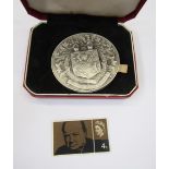 Winston Churchill silver medal by John Pinches (medalists) with 4d stamp.