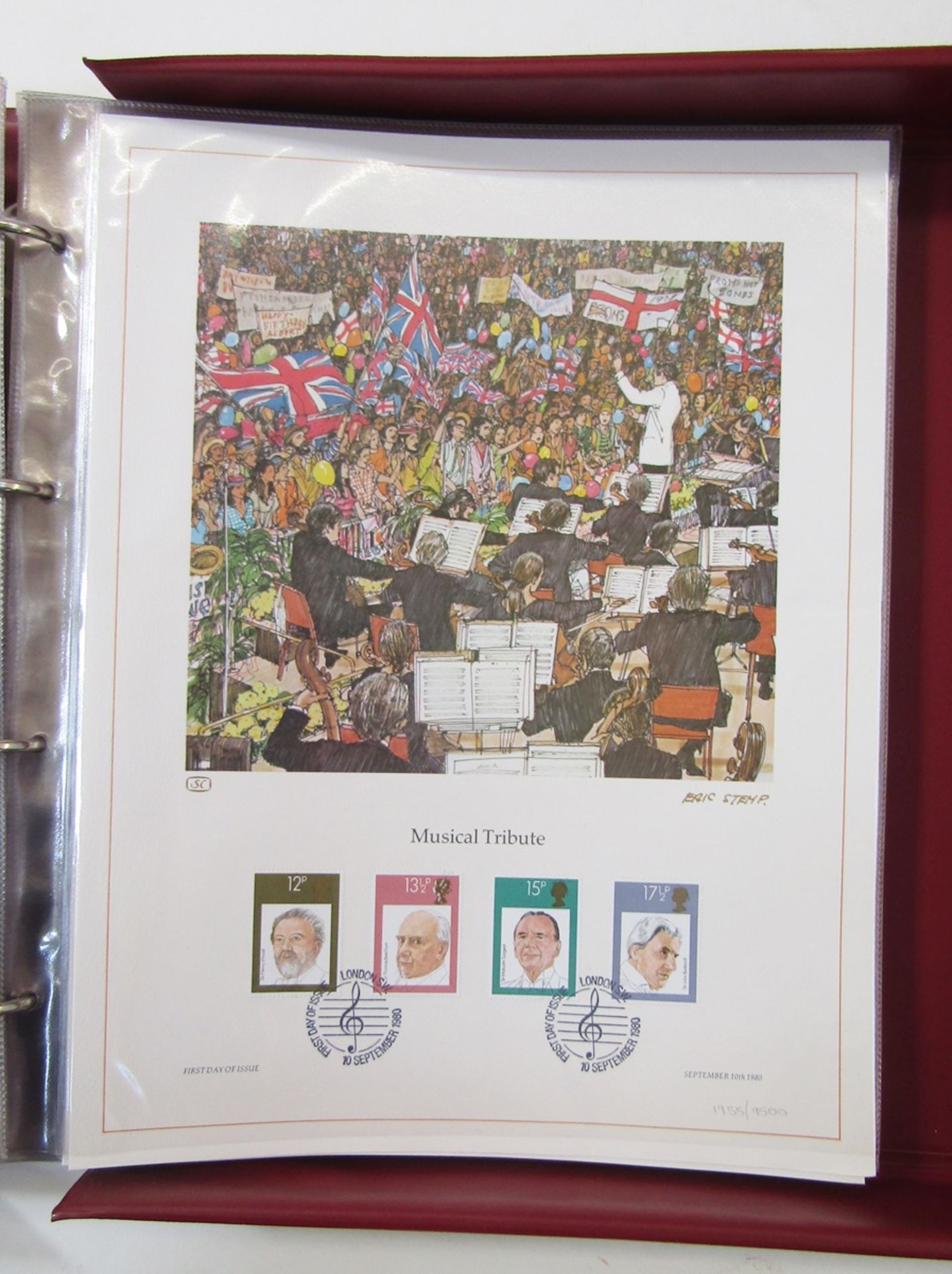 GB stamps: Two maroon folders of QEII philatelic lithographs; first of 27 commemoratives 1979-82, - Image 3 of 7