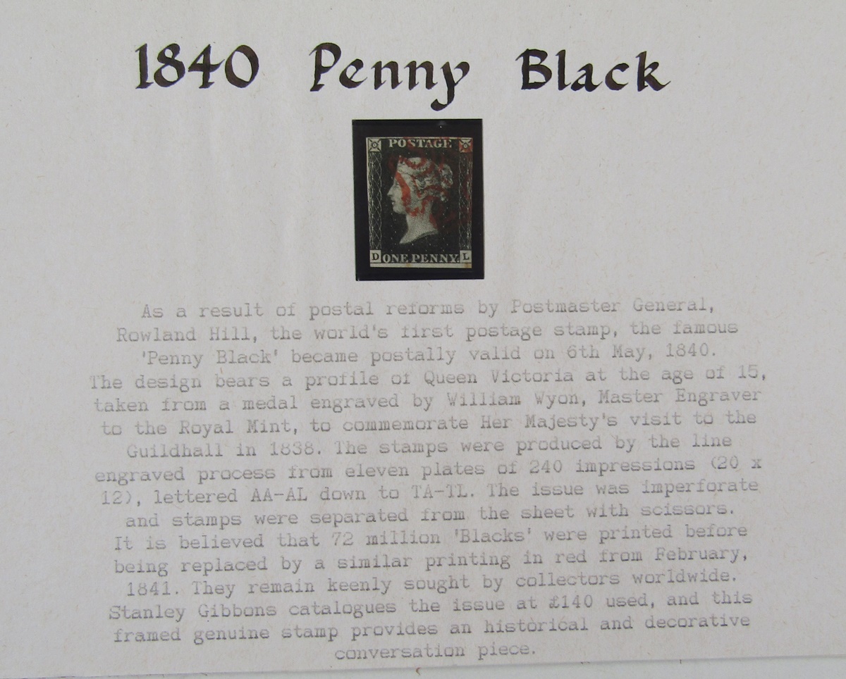 GB stamp: Line engraved Penny Black, DL, red Maltese cross in presentation glass frame.