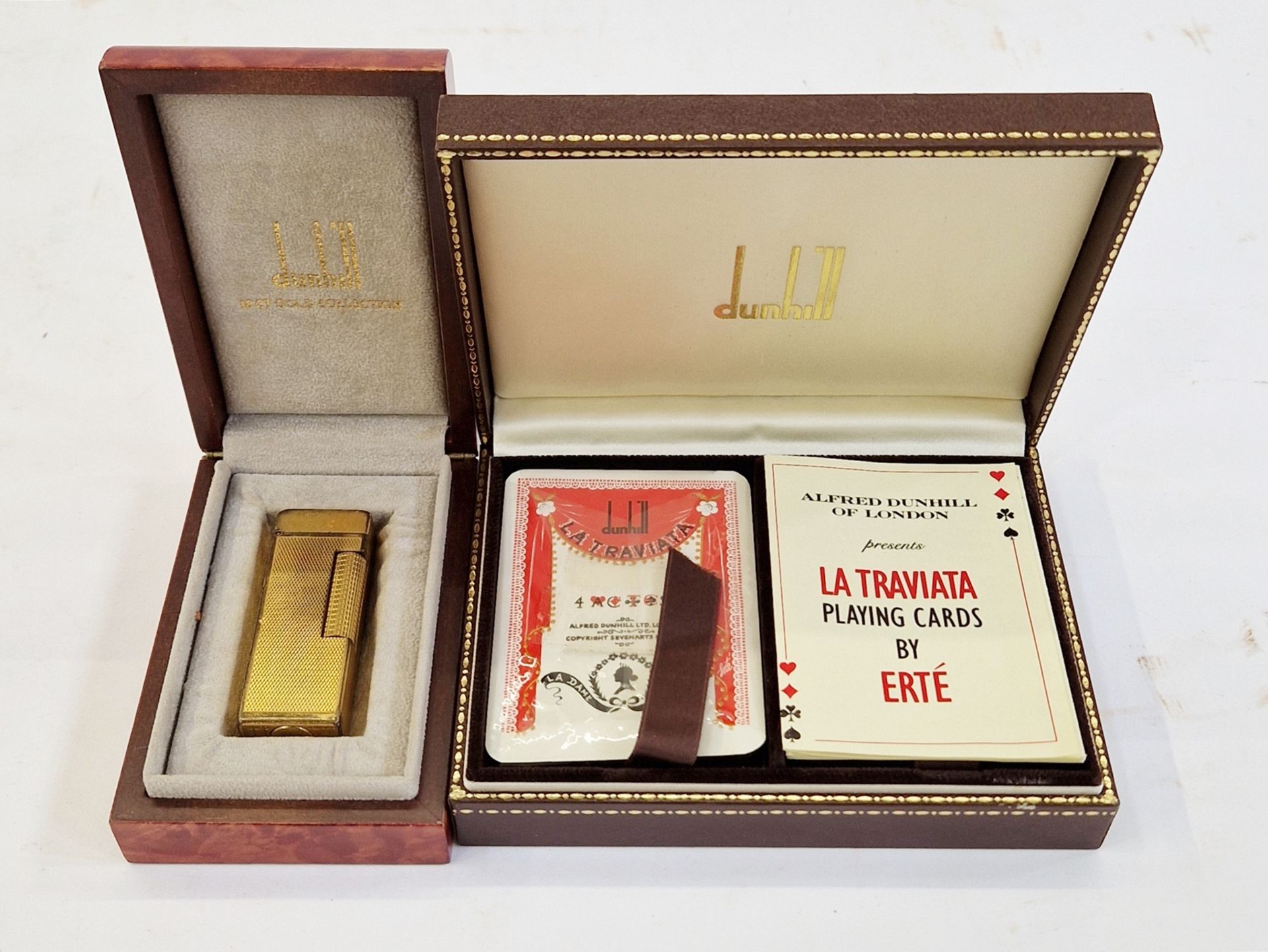 Dunhill gilt metal lighter, engine-turned, in figured wood case, 6.5cm high, and set of Dunhill La