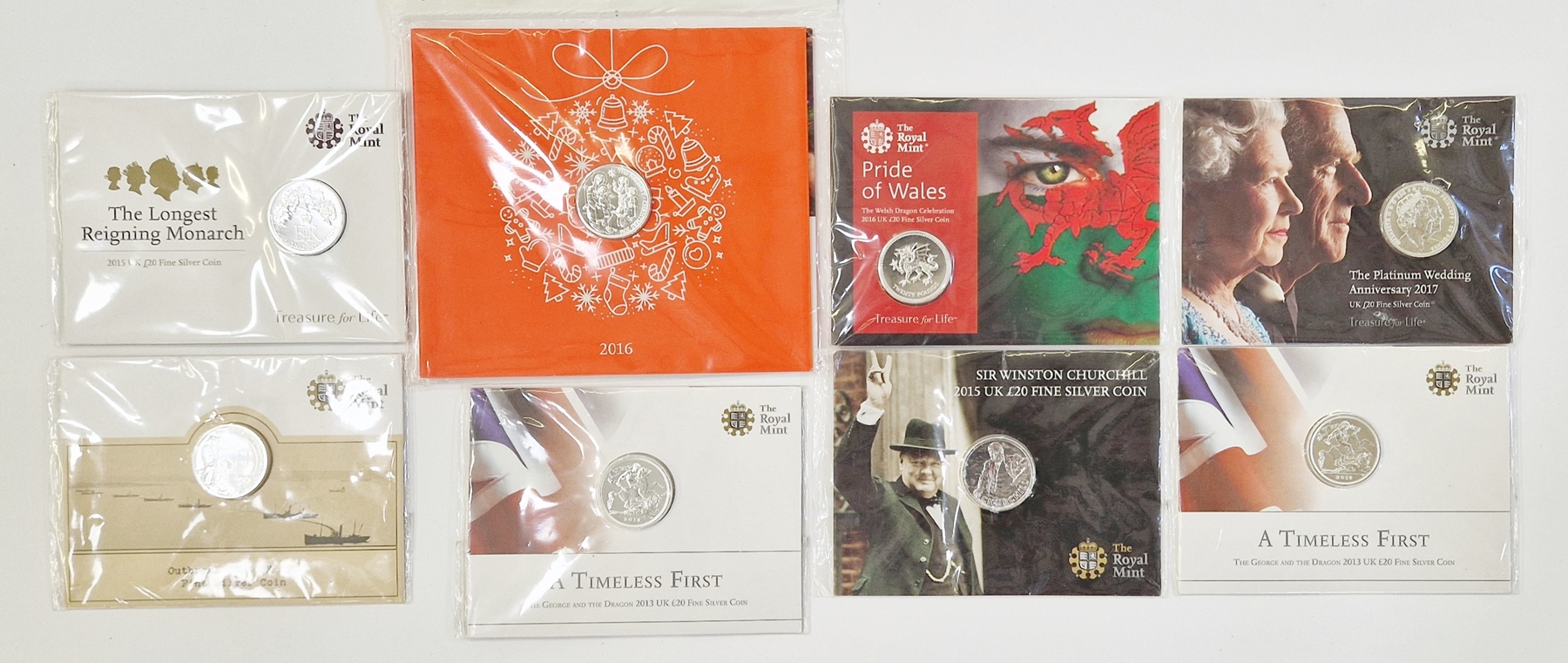 From the Royal Mint, brilliant uncirculated silver £20 (8), 2013 x 2 George and the Dragon, 2014