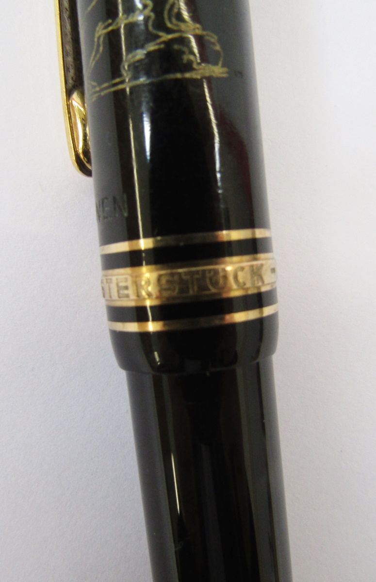 Montblanc Meisterstuck ball point pen, black with gold band decoration, engraved lion crest and name - Image 3 of 3