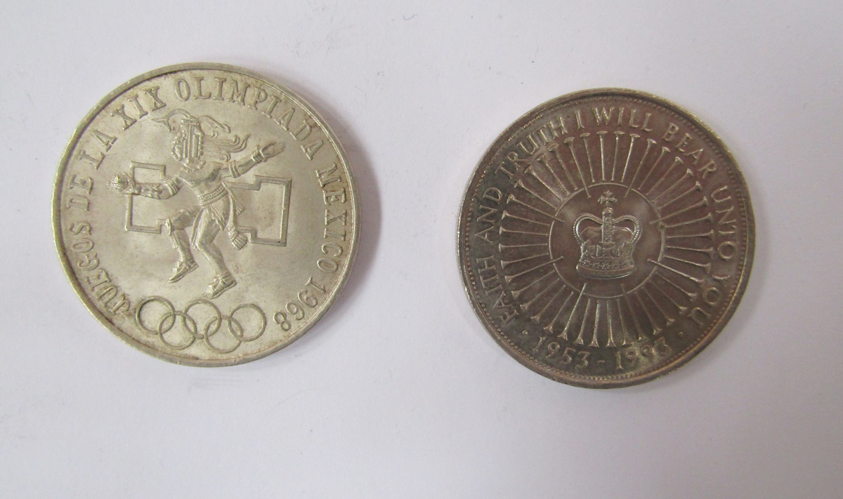 Group of coins consisting of 1867 five francs about VF, 1935 x 2 rocking horse crowns, 1968 Mexico - Image 8 of 11