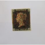 GB stamp: QV Penny Black, JB, plate 1, 4 margin, red Maltese Cross.