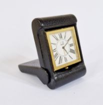 Dunhill gilt metal and leather covered folding travel clock, rectangular, the square face with Roman