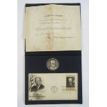 Eisenhower commemorative set made up of silver medallion and 6c postage stamp, and US numismatic
