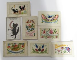 Selection of World War I era embroidered postcards including Many Happy Returns, United We Stand,