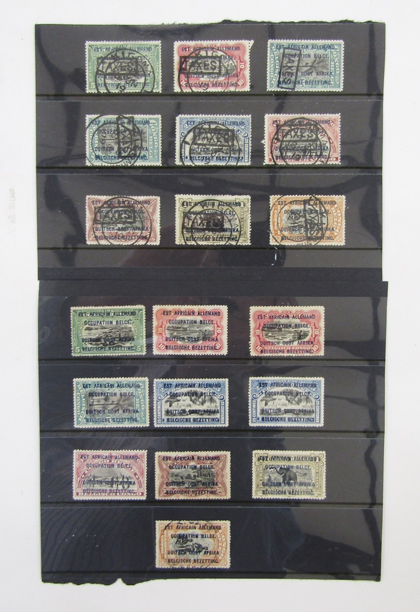 Tanganyika stamps: Belgium Occupation of German East Africa definitive and fiscal sets on 2 stock-