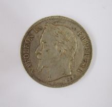 Group of coins consisting of 1867 five francs about VF, 1935 x 2 rocking horse crowns, 1968 Mexico