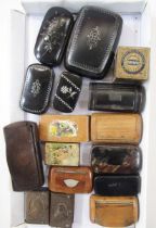 Quantity antique papiermache, wood and other snuff, vesta and other boxes to include a wooden