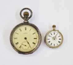 Waltham silver-coloured metal open-faced pocket watch, button winding with subsidiary seconds