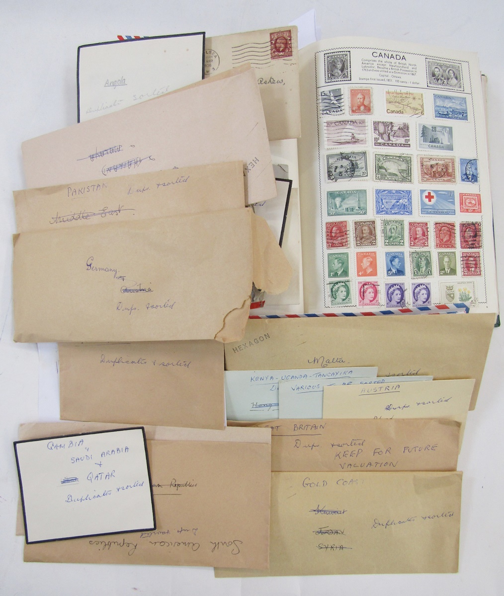 World stamps: Well-filled, green “Movaleaf” album and numerous envelopes of loose of mostly used