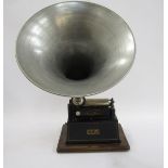 Edison Gem Phonograph, serial no G136930, with key winder and white metal horn